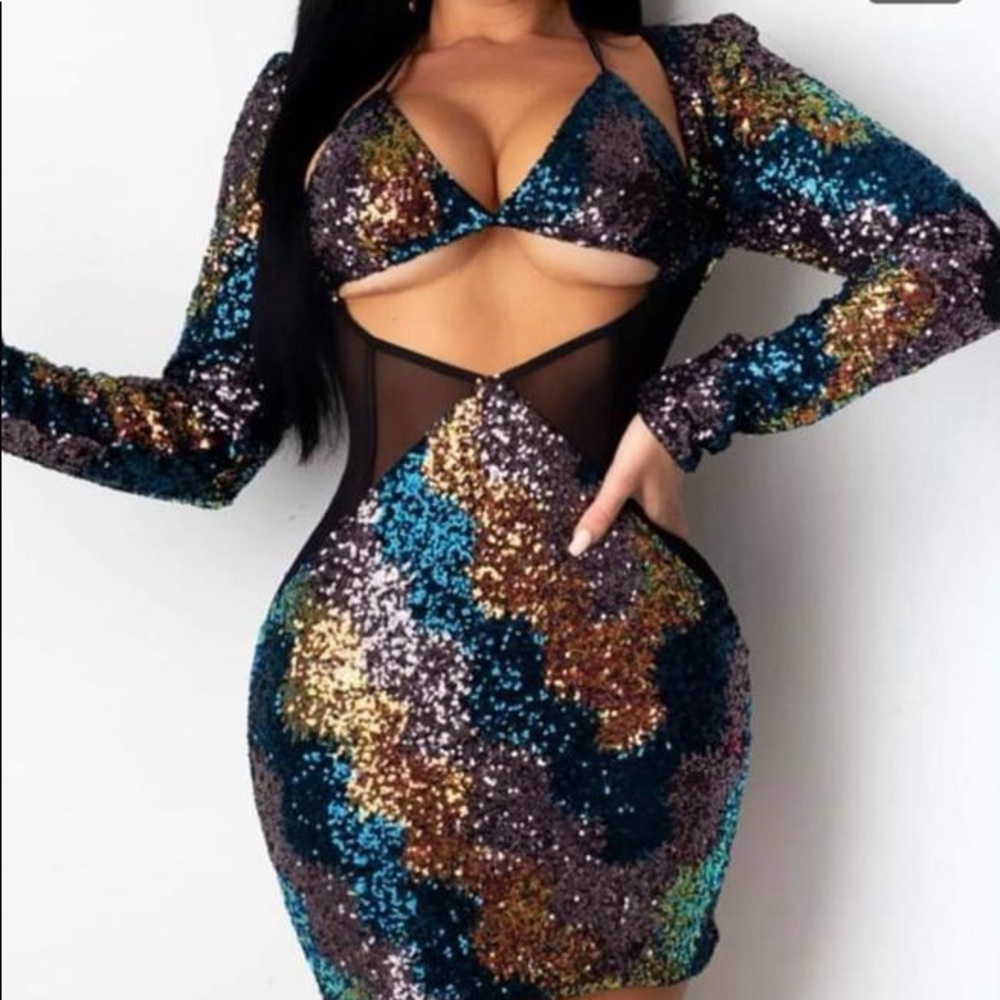 Colorblock cutout sheer mesh sequins bodycon dress